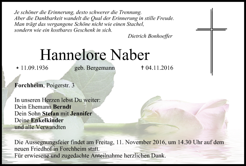  Traueranzeige für Hannelore Naber vom 09.11.2016 aus MGO