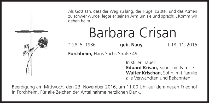  Traueranzeige für Barbara Crisan vom 21.11.2016 aus MGO