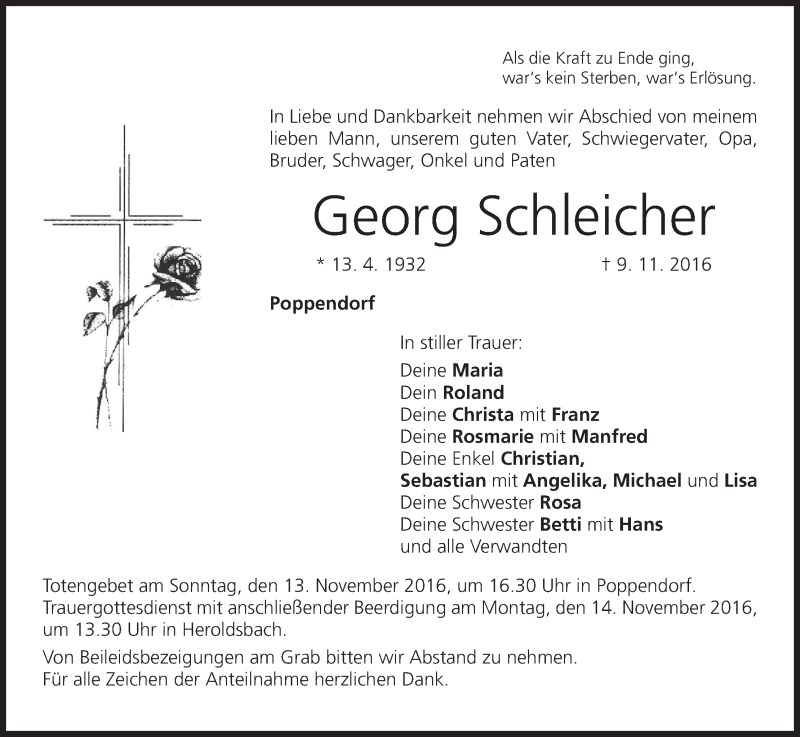  Traueranzeige für Georg Schleicher vom 11.11.2016 aus MGO