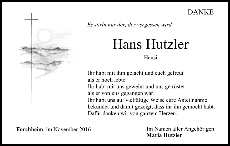  Traueranzeige für Hans Hutzler vom 30.11.2016 aus MGO
