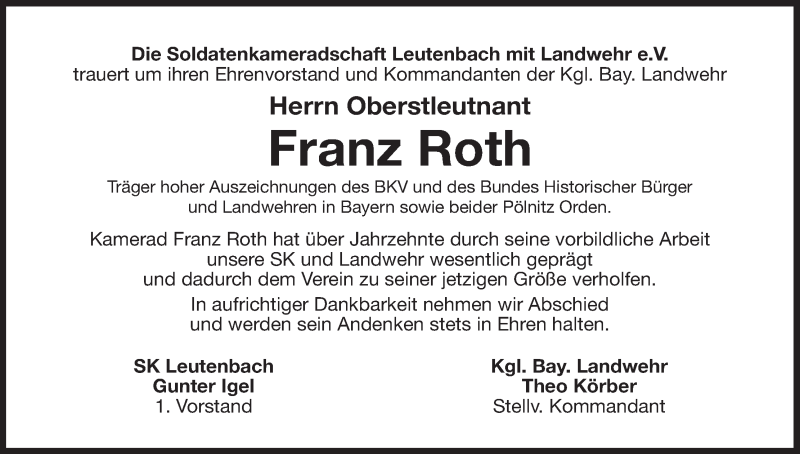  Traueranzeige für Franz Roth vom 23.11.2016 aus MGO