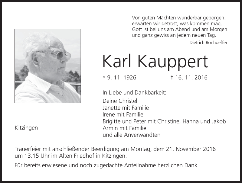  Traueranzeige für Karl Kauppert vom 19.11.2016 aus MGO