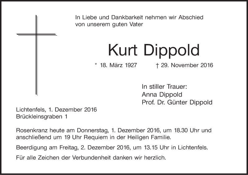  Traueranzeige für Kurt Dippold vom 01.12.2016 aus MGO
