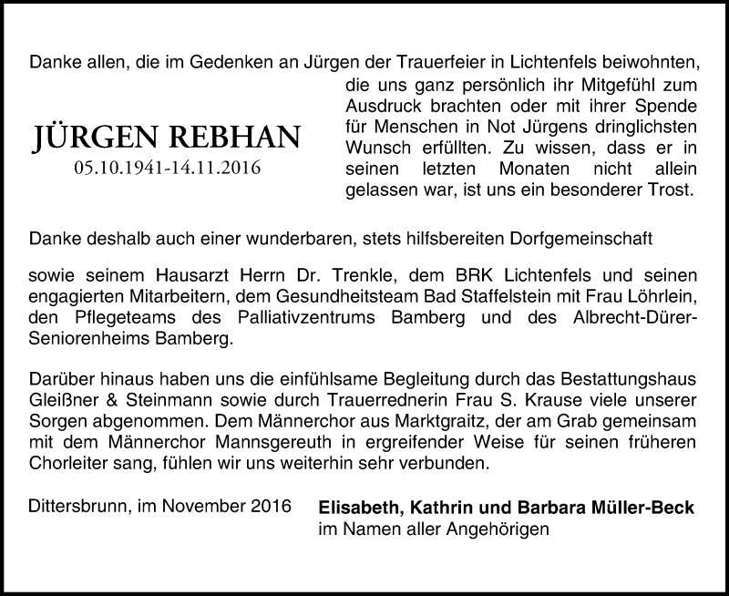  Traueranzeige für Jürgen Rebhan vom 03.12.2016 aus MGO