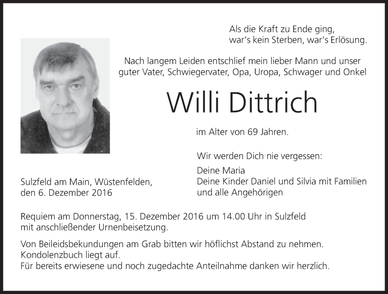  Traueranzeige für Willi Dittrich vom 10.12.2016 aus MGO