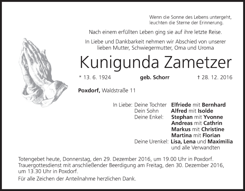  Traueranzeige für Kunigunda Zametzer vom 29.12.2016 aus MGO