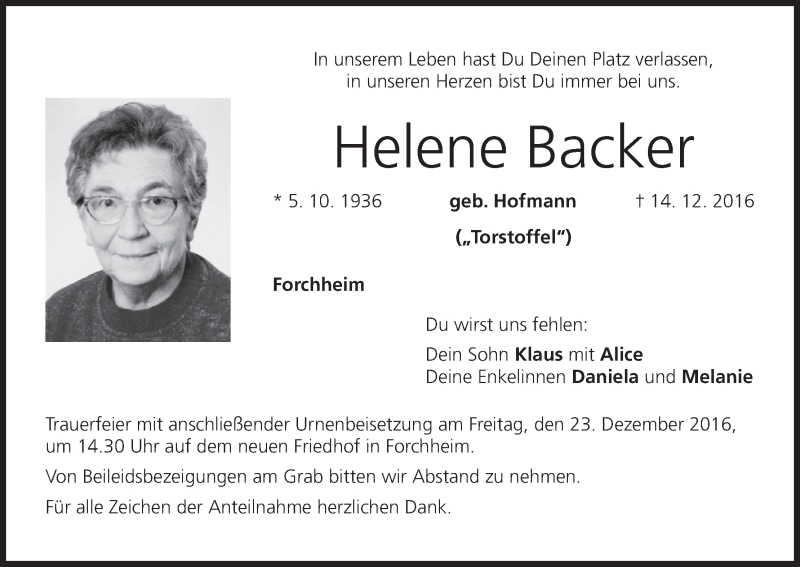  Traueranzeige für Helene Backer vom 19.12.2016 aus MGO