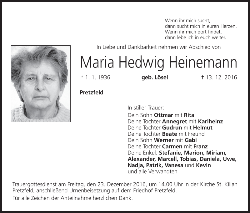  Traueranzeige für Maria Hedwig Heinemann vom 19.12.2016 aus MGO