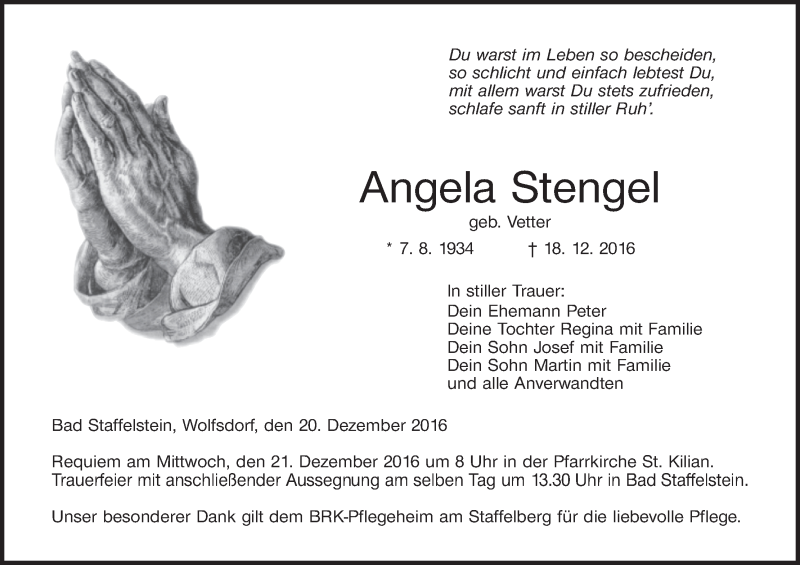  Traueranzeige für Angela Stengel vom 20.12.2016 aus MGO