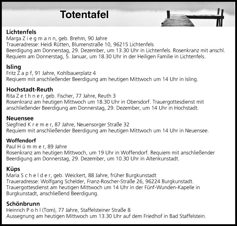  Traueranzeige für Totentafel vom 28.12.2016 vom 28.12.2016 aus MGO