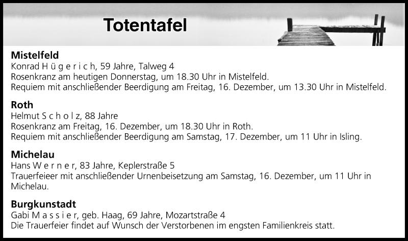  Traueranzeige für Totentafel vom 15.12.2016 vom 15.12.2016 aus MGO