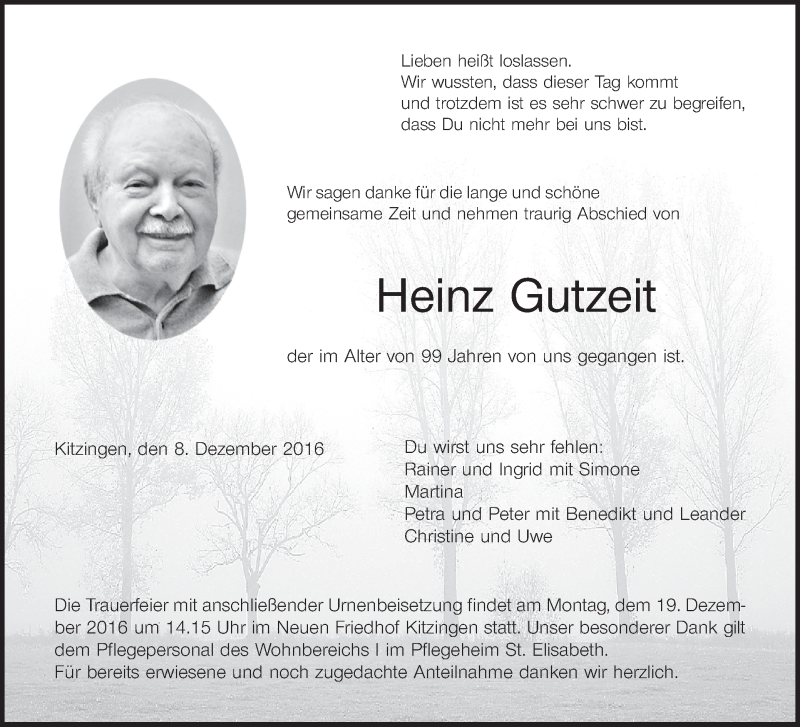 Traueranzeige für Heinz Gutzeit vom 15.12.2016 aus MGO
