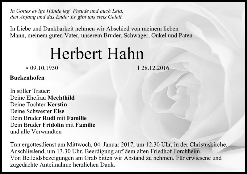  Traueranzeige für Herbert Hahn vom 31.12.2016 aus MGO