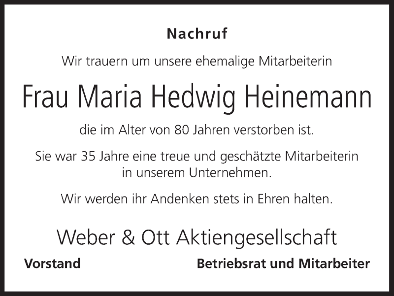  Traueranzeige für Maria Hedwig Heinemann vom 20.12.2016 aus MGO