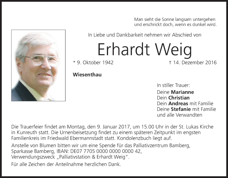  Traueranzeige für Erhardt Weig vom 23.12.2016 aus MGO