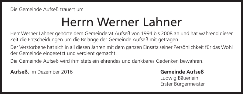  Traueranzeige für Werner Lahner vom 20.12.2016 aus MGO