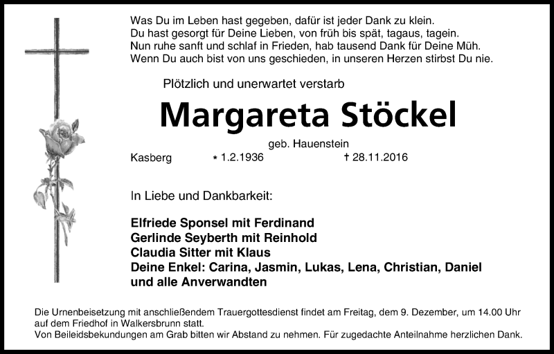  Traueranzeige für Margareta Stöckel vom 07.12.2016 aus MGO