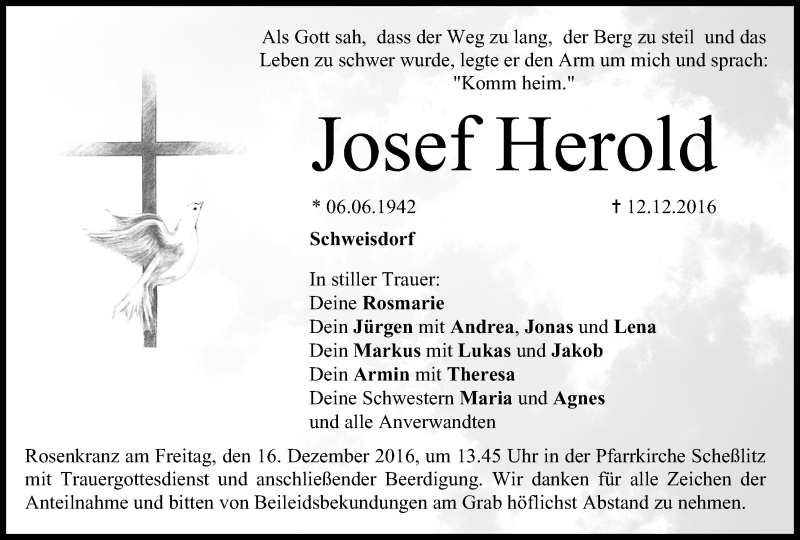  Traueranzeige für Josef Herold vom 15.12.2016 aus MGO