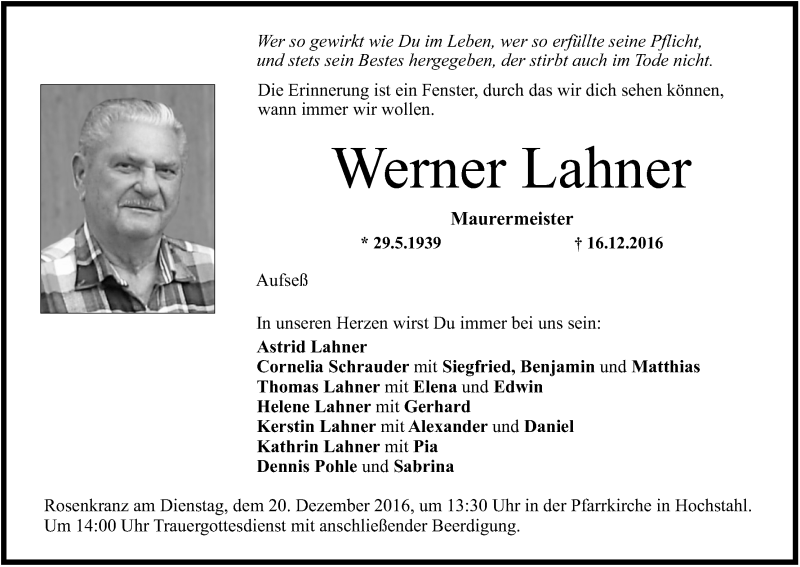  Traueranzeige für Werner Lahner vom 19.12.2016 aus MGO