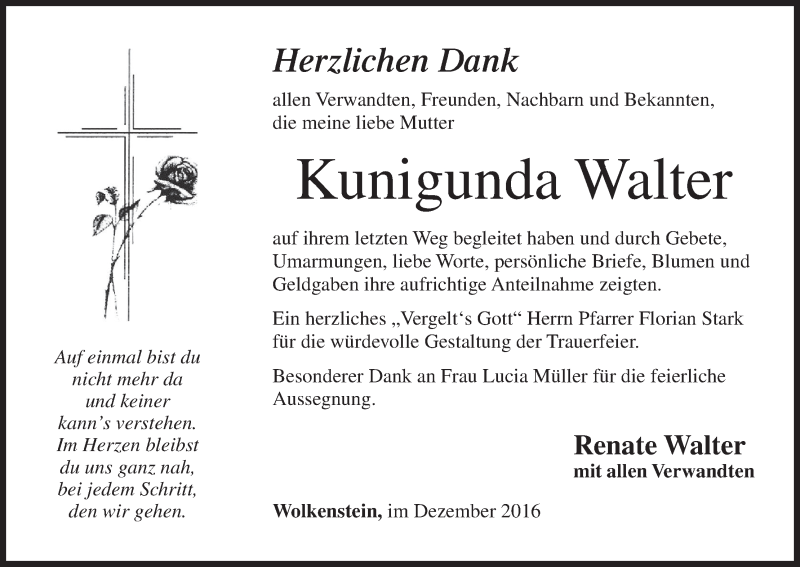  Traueranzeige für Kunigunda Walter vom 28.12.2016 aus MGO