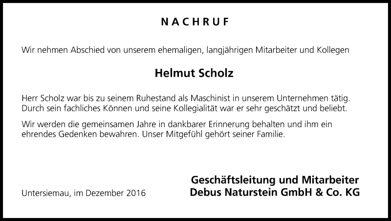  Traueranzeige für Helmut Scholz vom 17.12.2016 aus MGO