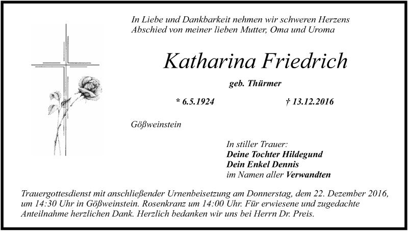  Traueranzeige für Katharina Friedrich vom 17.12.2016 aus MGO