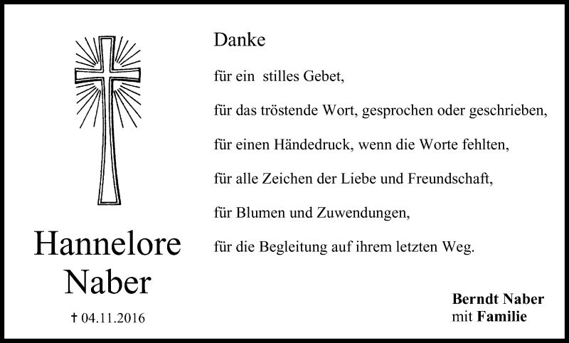  Traueranzeige für Hannelore Naber vom 03.12.2016 aus MGO