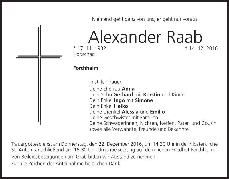  Traueranzeige für Alexander Raab vom 19.12.2016 aus MGO