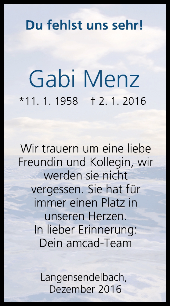  Traueranzeige für Gabi Menz vom 10.12.2016 aus MGO