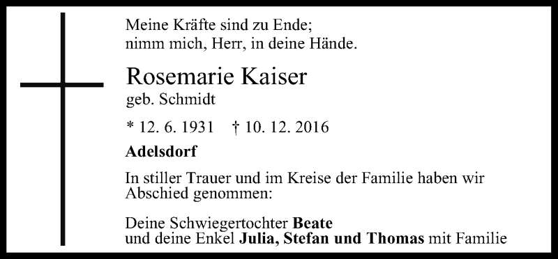  Traueranzeige für Rosemarie Kaiser vom 17.12.2016 aus MGO