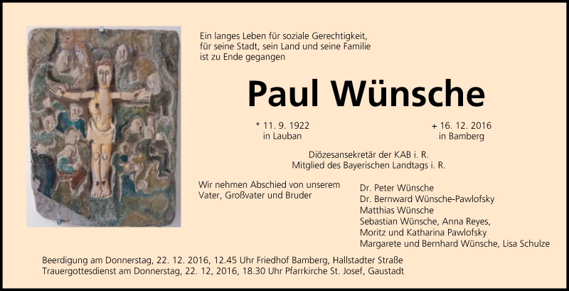  Traueranzeige für Paul Wünsche vom 21.12.2016 aus MGO