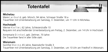 Anzeige von Totentafel vom 01.12.2016 von MGO