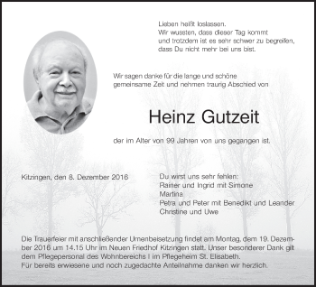 Anzeige von Heinz Gutzeit von MGO