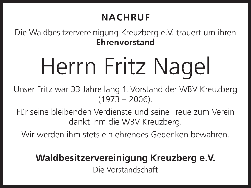  Traueranzeige für Fritz Nagel vom 31.12.2016 aus MGO