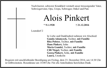 Anzeige von Alois Pinkert von MGO
