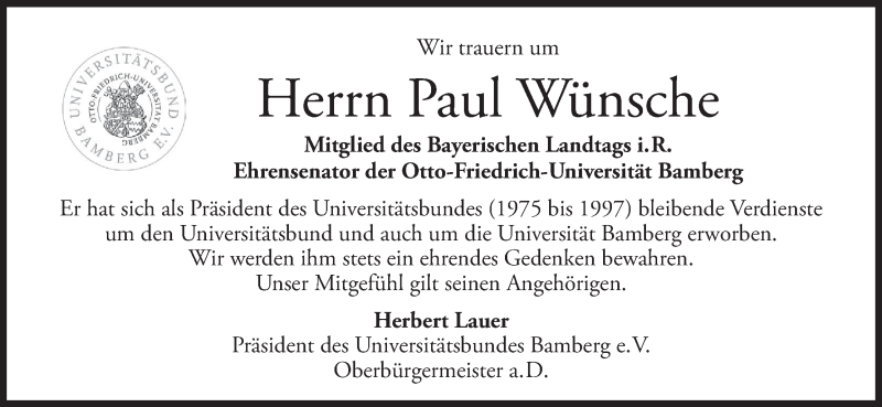  Traueranzeige für Paul Wünsche vom 21.12.2016 aus MGO