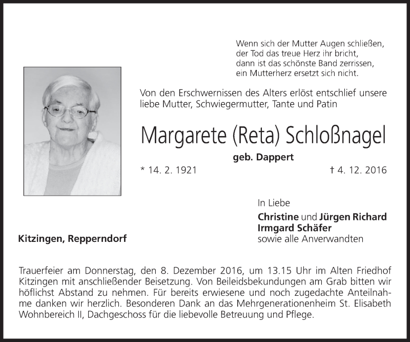  Traueranzeige für Margarete Schloßnagel vom 06.12.2016 aus MGO