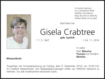 Anzeige von Gisela Crabtree von MGO