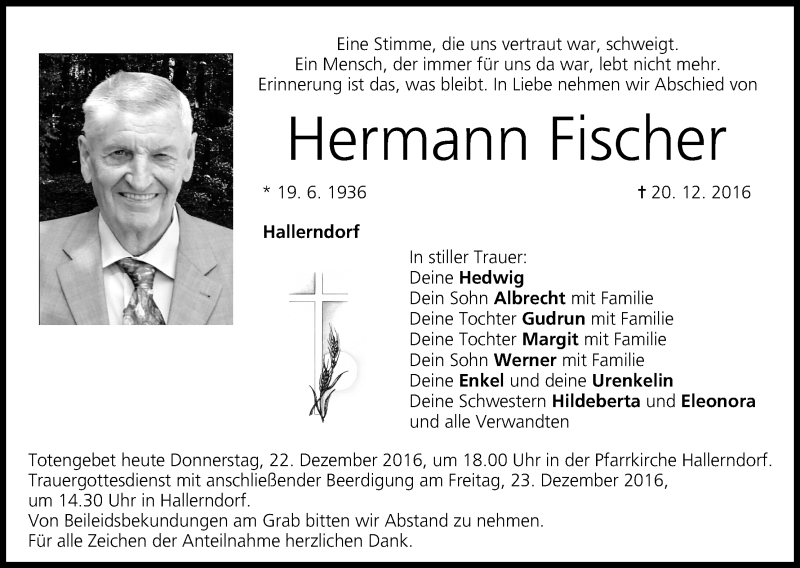  Traueranzeige für Hermann Fischer vom 22.12.2016 aus MGO