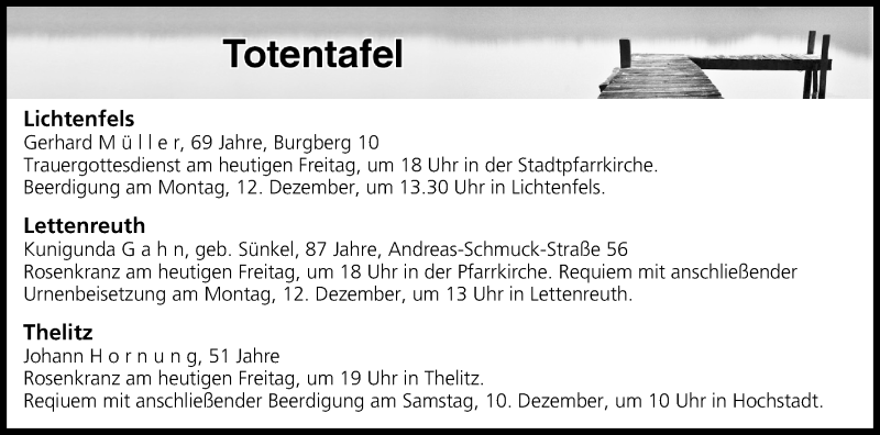  Traueranzeige für Totentafel vom 09.12.2016 vom 09.12.2016 aus MGO