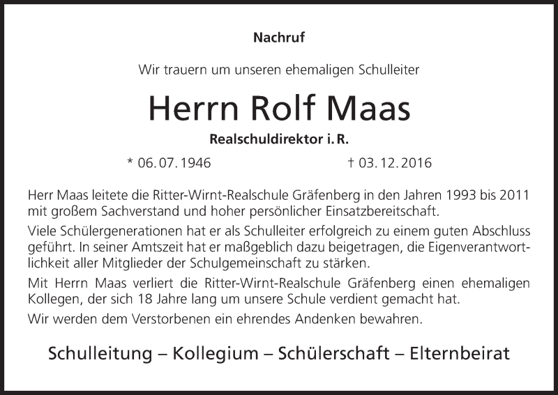  Traueranzeige für Rolf Maas vom 17.12.2016 aus MGO