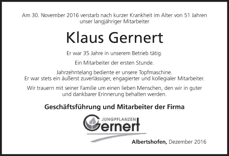  Traueranzeige für Klaus Gernert vom 03.12.2016 aus MGO