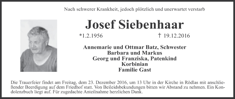  Traueranzeige für Josef Siebenhaar vom 21.12.2016 aus MGO