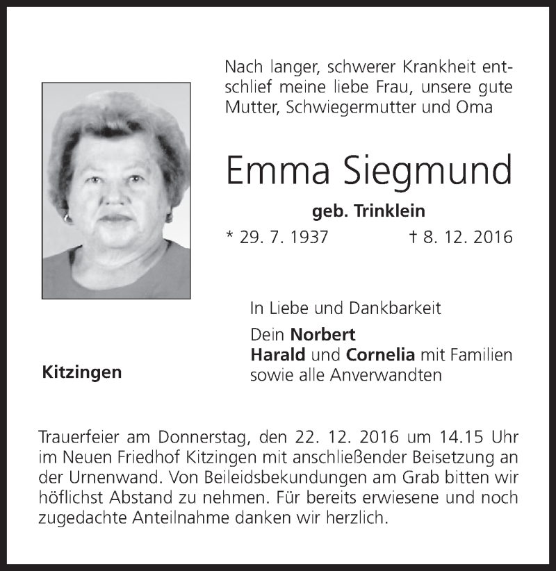  Traueranzeige für Emma Siegmund vom 19.12.2016 aus MGO