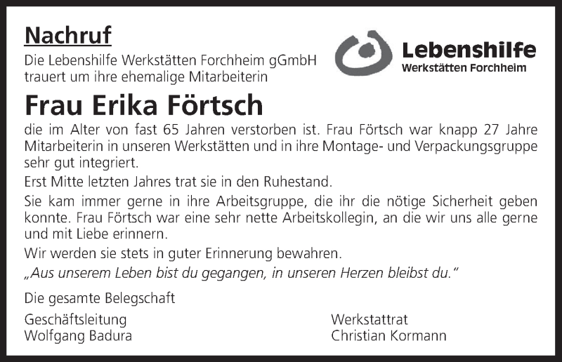  Traueranzeige für Erika Förtsch vom 09.12.2016 aus MGO