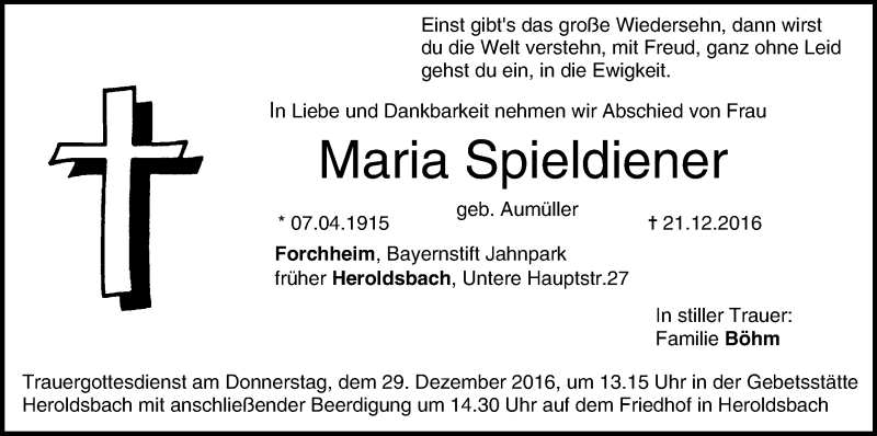  Traueranzeige für Maria Spieldiener vom 24.12.2016 aus MGO