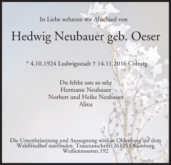 Anzeige von Hedwig Neubauer von MGO