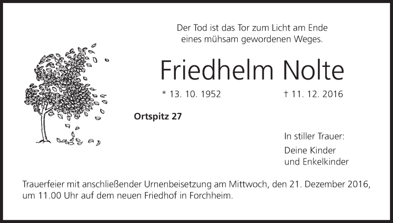  Traueranzeige für Friedhelm Nolte vom 17.12.2016 aus MGO
