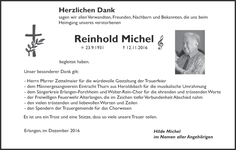  Traueranzeige für Reinhold Michel vom 10.12.2016 aus MGO