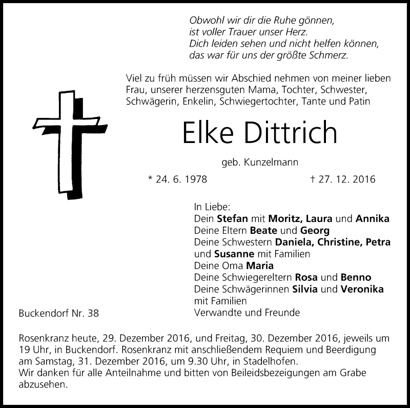  Traueranzeige für Elke Dittrich vom 29.12.2016 aus MGO